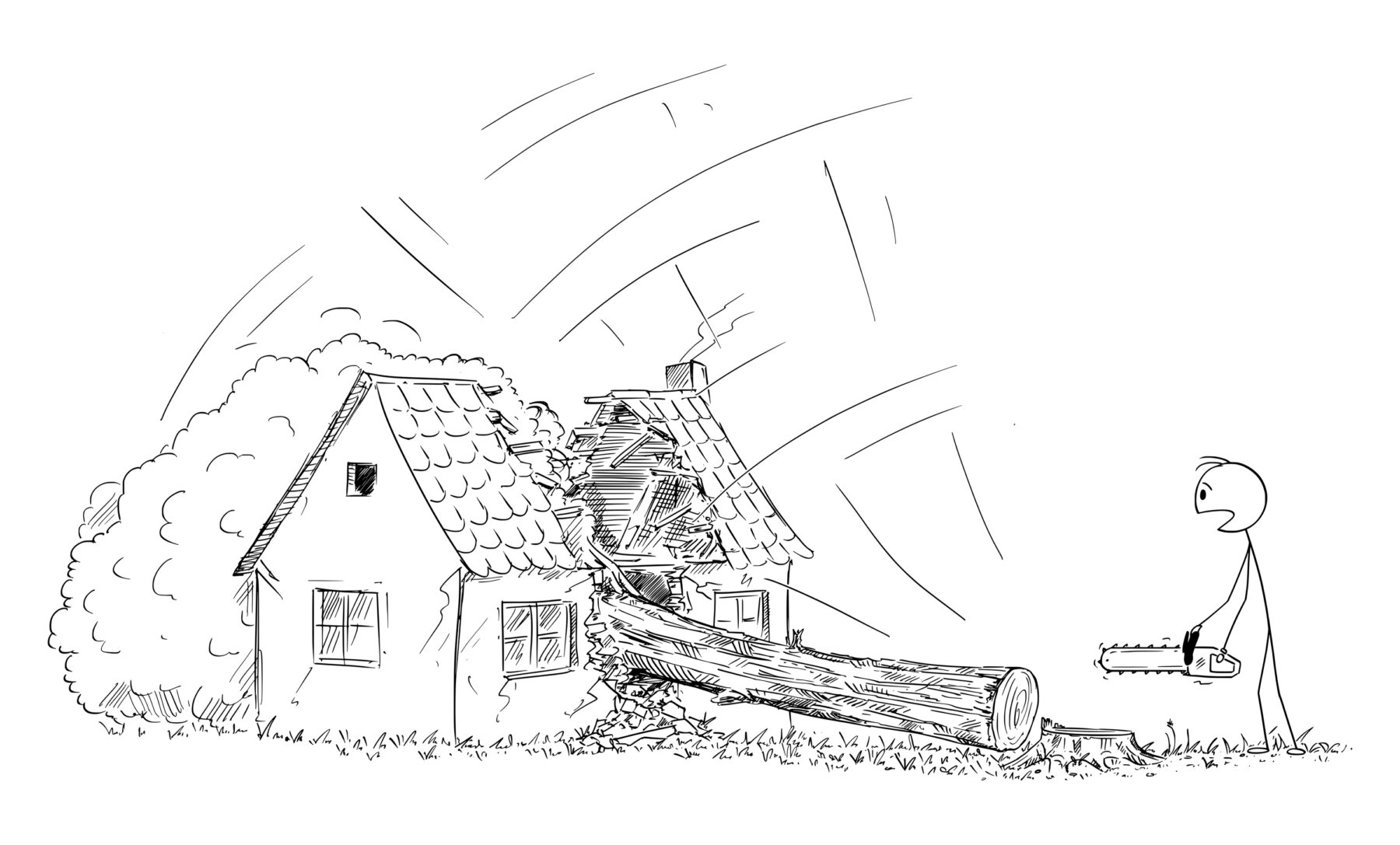 Tree falls on house - stick figure drawing