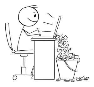 Stickman-happy-working-computer-money-falling-into-pail